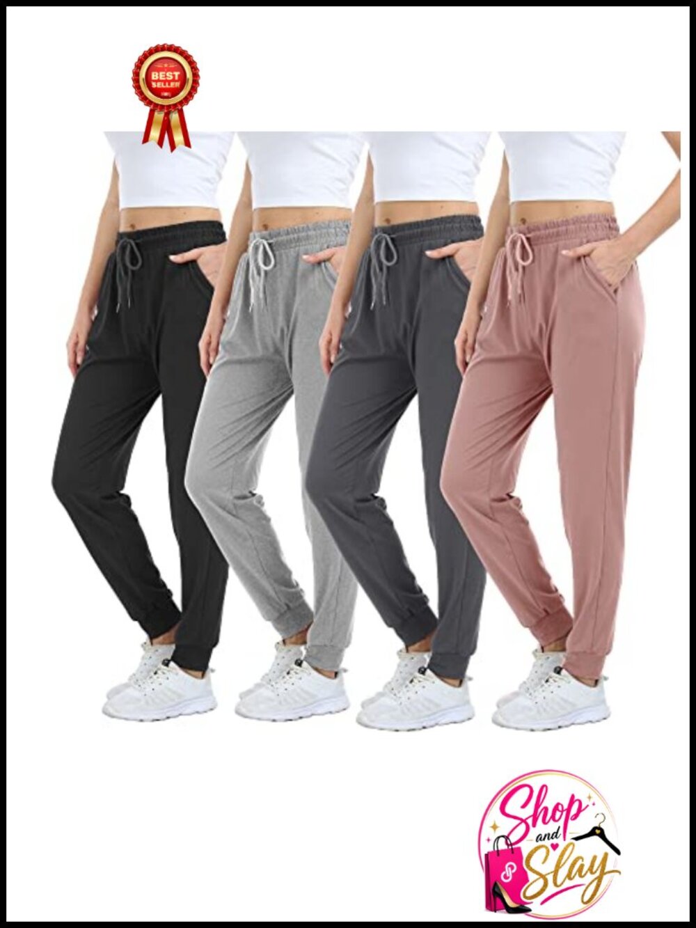 4 Pack Women's Soft Stretch Joggers Sweatpants Side Pockets Tapered Fit